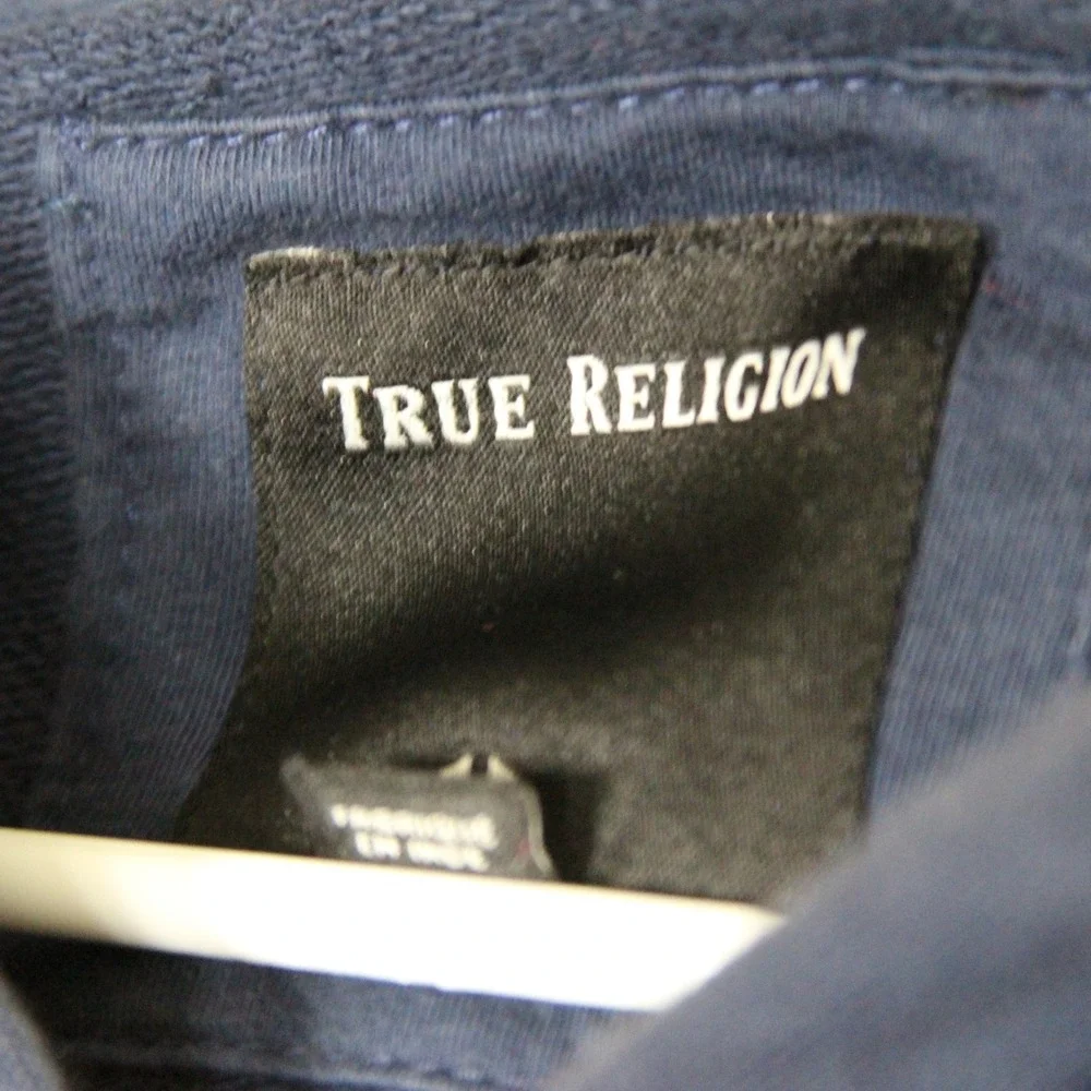 True Religion Full Zip Up Hoodie Mens XL Blue Gold‎ Logo Details